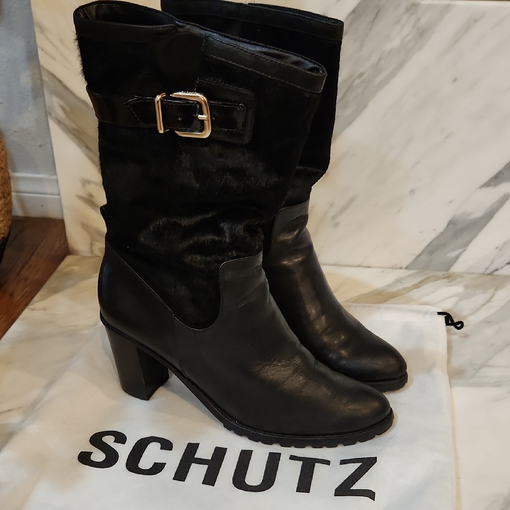 SCHUTZ Black Heeled Leather Boots with Buckle